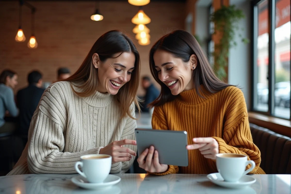 Deux femmes discutent du classement A League 2026 sur une tablette dans un café moderne