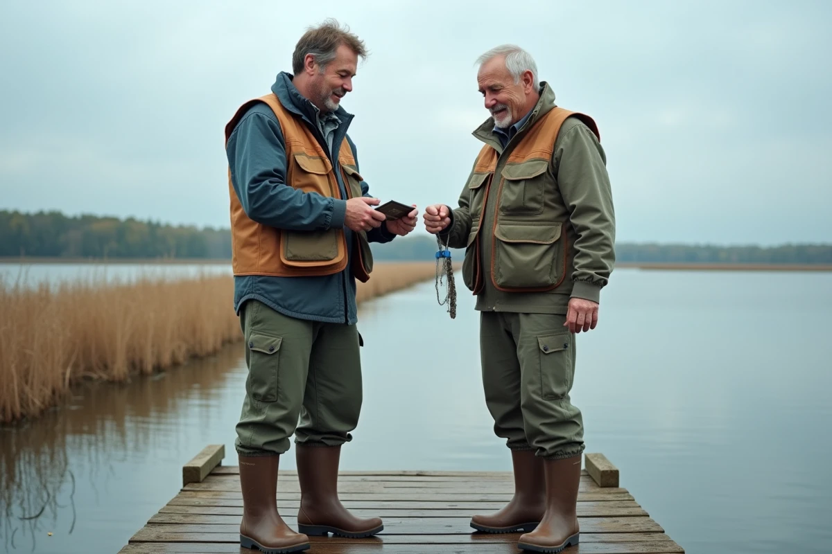 Deux pêcheurs discutant du coût et de l'utilité du permis de pêche national sur un ponton au bord d'un lac