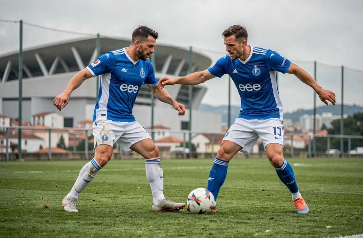 Deux joueurs du FC Porto en duel lors d'un entraînement sur le terrain d'entraînement du Dragão, évoquant la compétition et la reconquête d'une place dans l'équipe