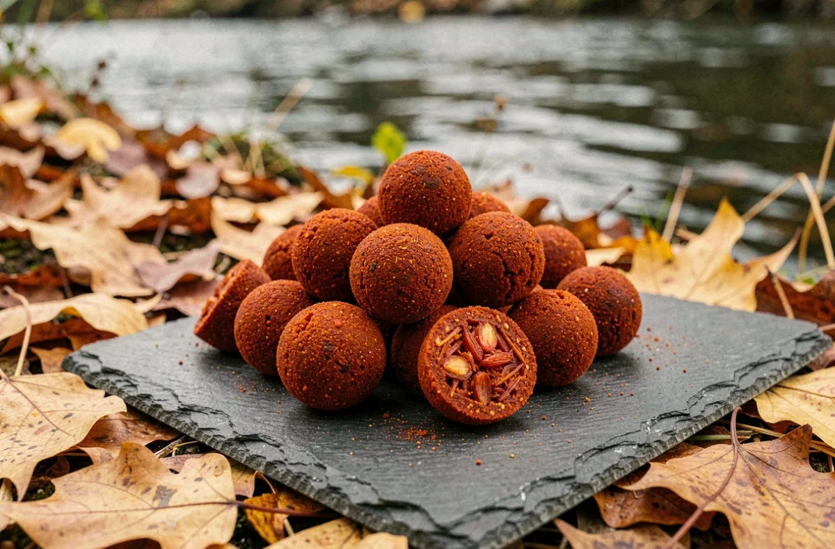 Bouillettes Dynamite Baits Robin Red rouge-orangé épicées sur une ardoise, avec coupes révélant leur intérieur dense aux épices