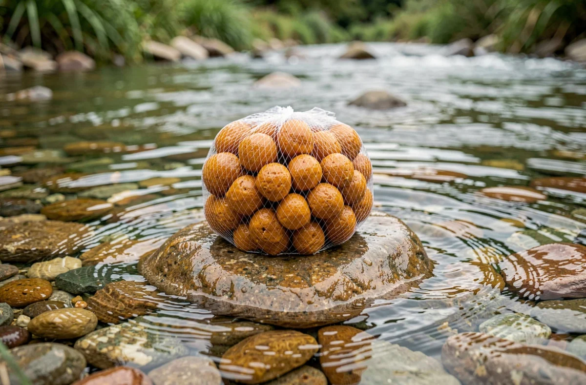 Bouillettes Dynamite Baits The Source en filet PVA posé sur un rocher en bordure de courant de rivière