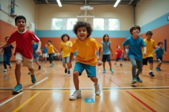 Élèves de cycle 3 en cours d'EPS dans un gymnase scolaire pratiquant un exercice coopératif structuré
