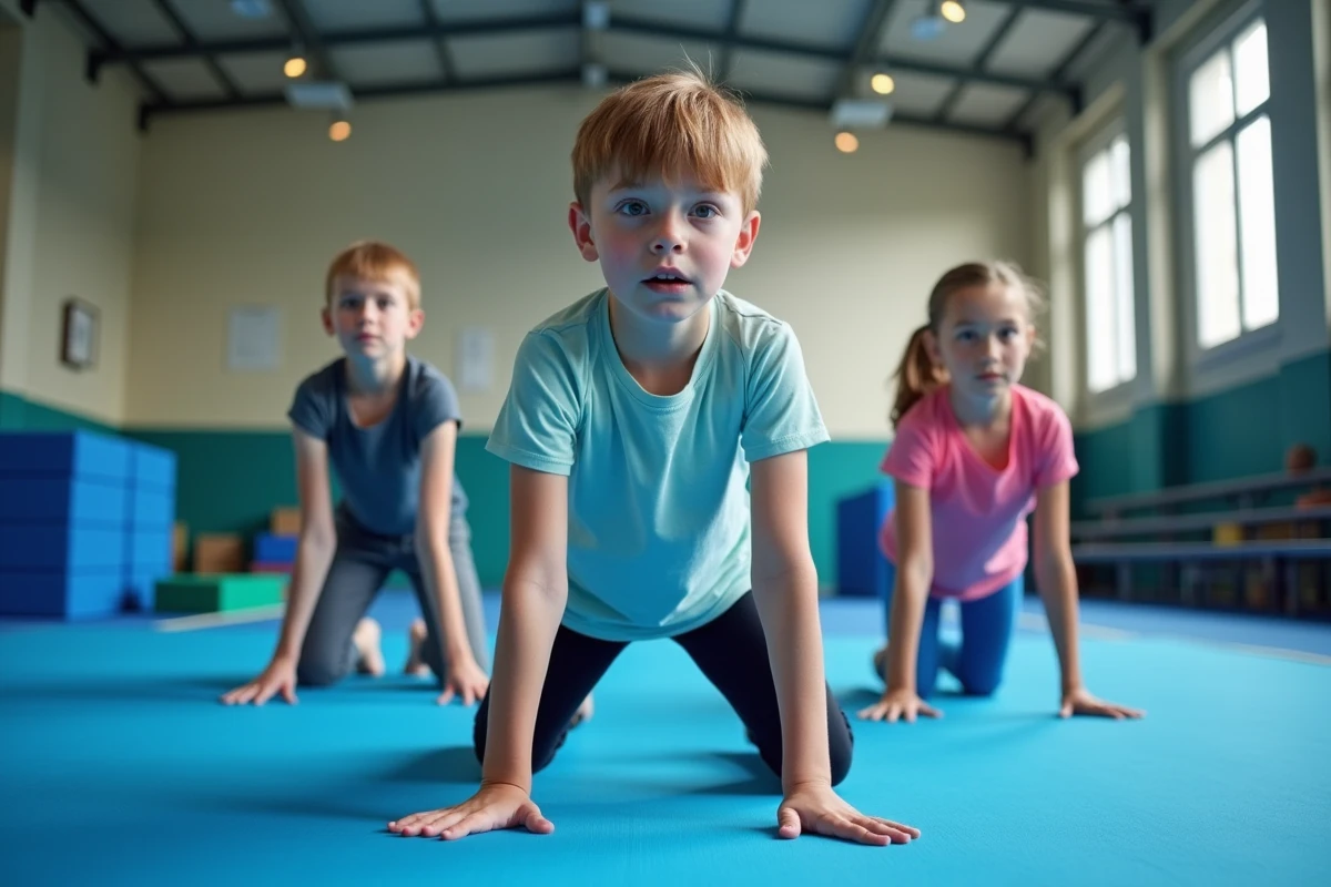 Trois élèves de cycle 3 travaillant des séquences gymniques sur tapis dans une salle de sport scolaire