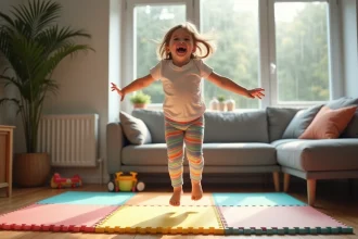 Jeune fille de 3 ans riant en sautant sur des tapis de jeu colorés