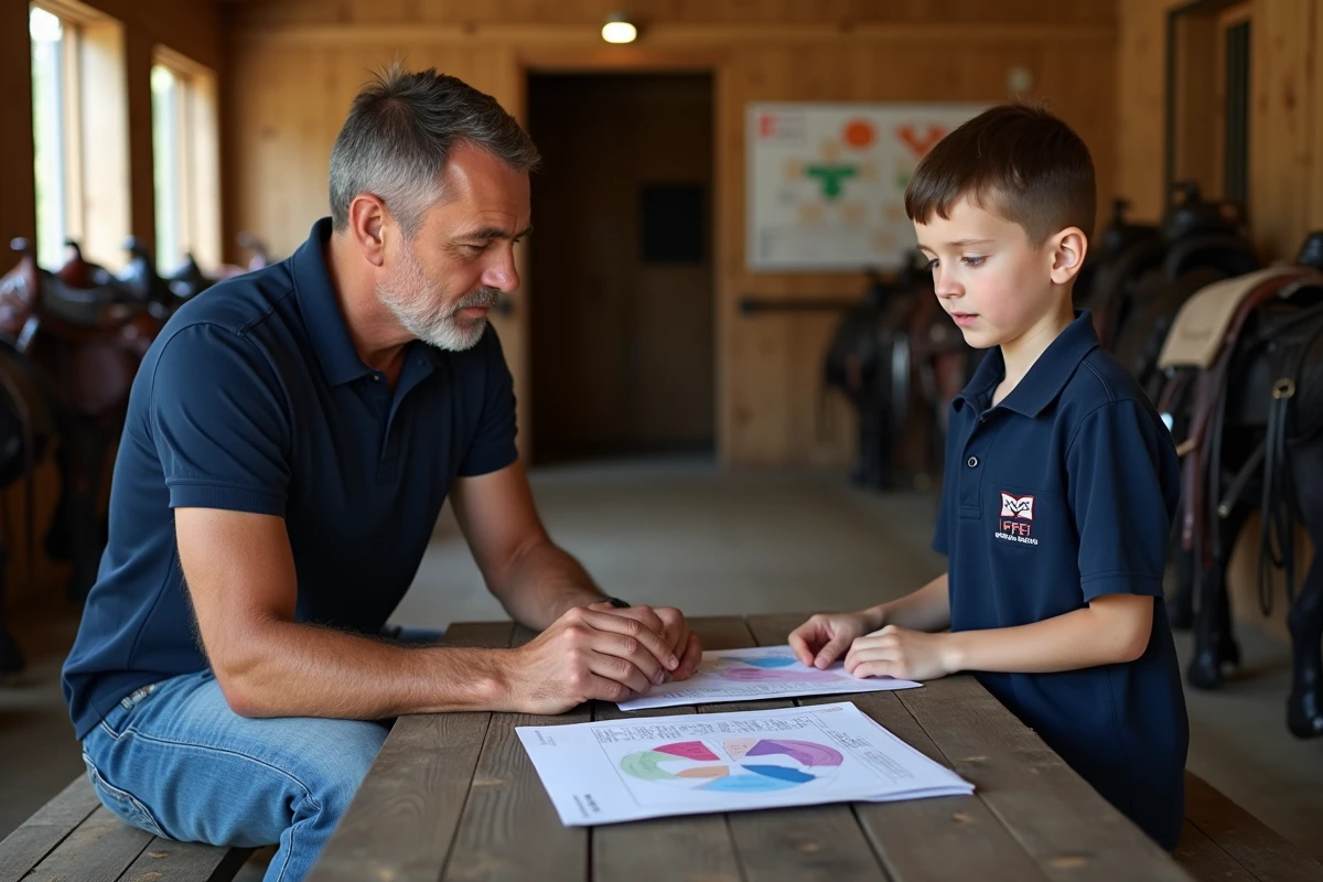 Instructeur expliquant documents à un jeune cavalier