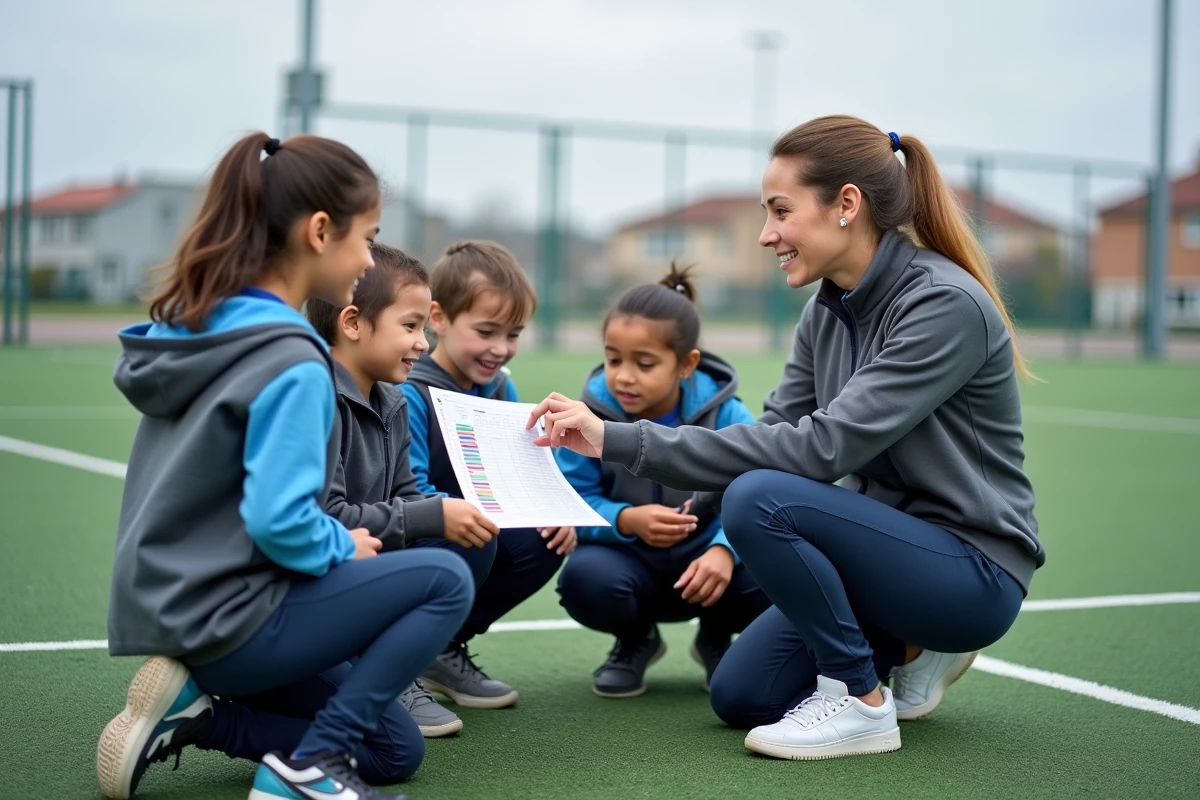 Enseignante d'EPS expliquant une progression pédagogique à des élèves de cycle 3 sur un terrain de sport