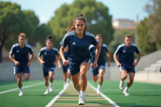 Groupe d'athlètes adultes effectuant des exercices d'agilité sur la piste du Sporting Club Aubagne Air Bel lors d'un entraînement collectif