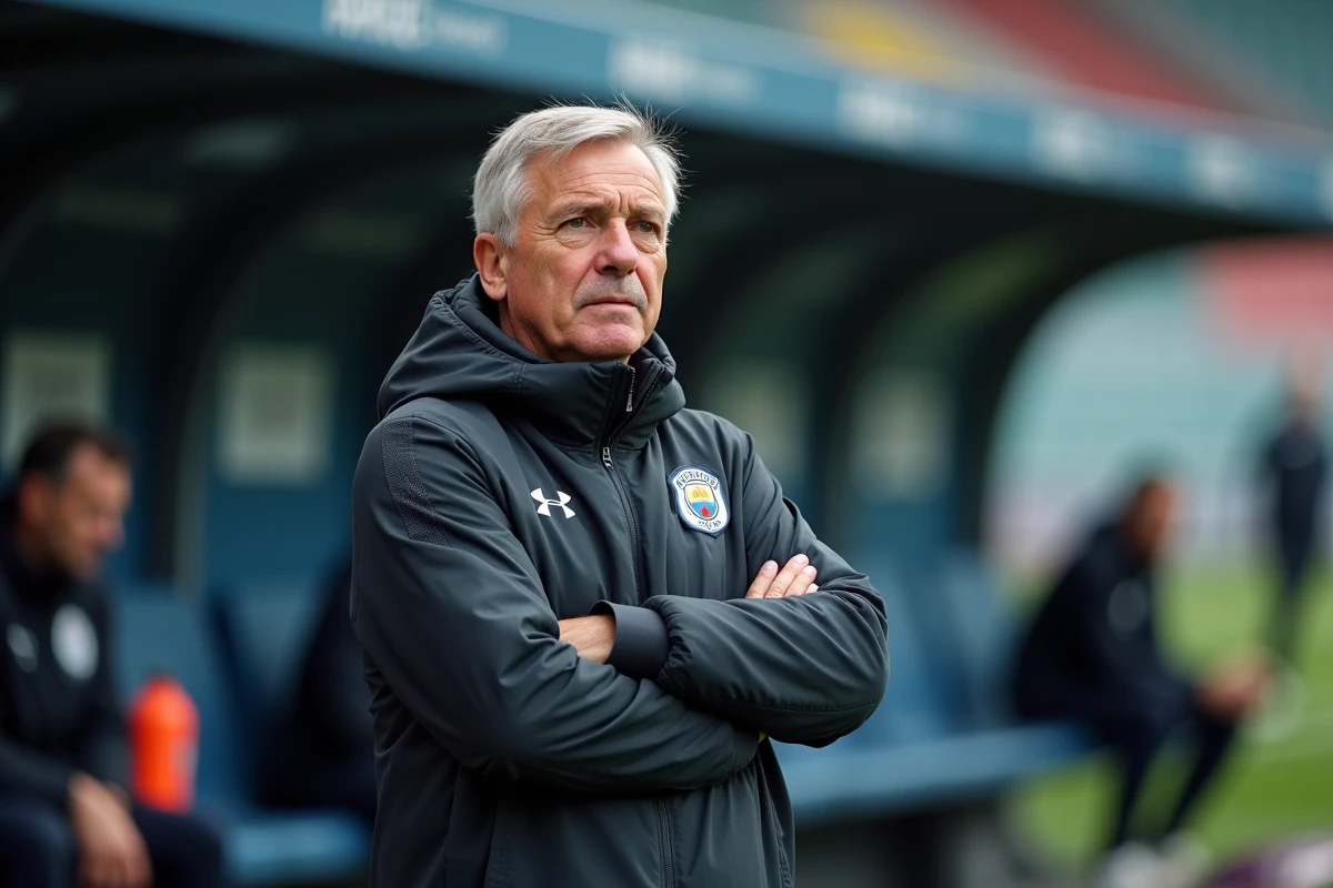 Entraîneur de l'OM pensif en bord de touche lors d'un match à l'extérieur, bras croisés face à la difficulté