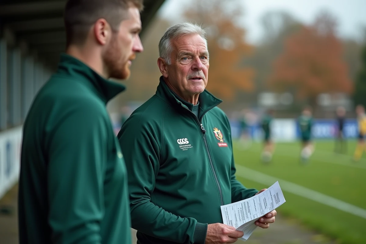 Entraîneur de club de rugby fédéral sur la touche consultant sa feuille tactique lors d'un match amateur