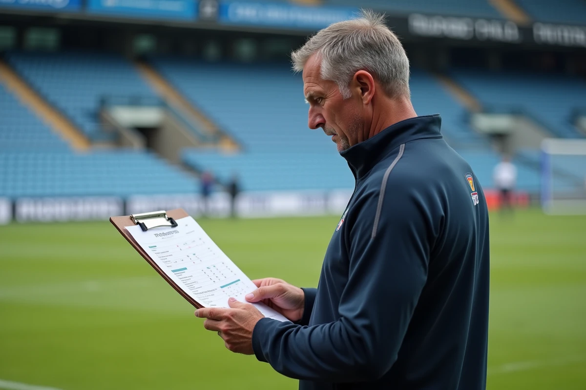 Entraîneur de rugby Fédérale analysant les statistiques de bonus offensif sur un clipboard en bord de terrain