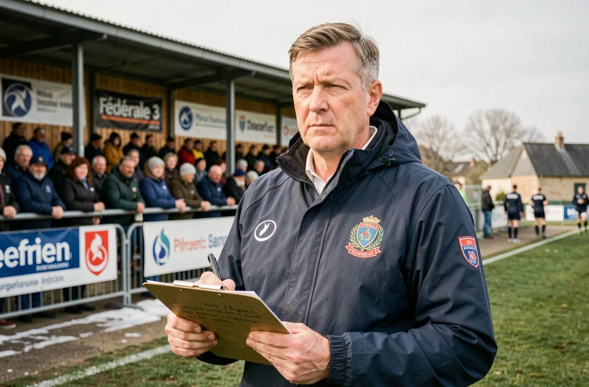 Entraîneur de rugby en bord de touche lors d'un match de Fédérale 3, veste de club avec blason brodé, notes tactiques sur clipboard, ambiance de stade municipal français