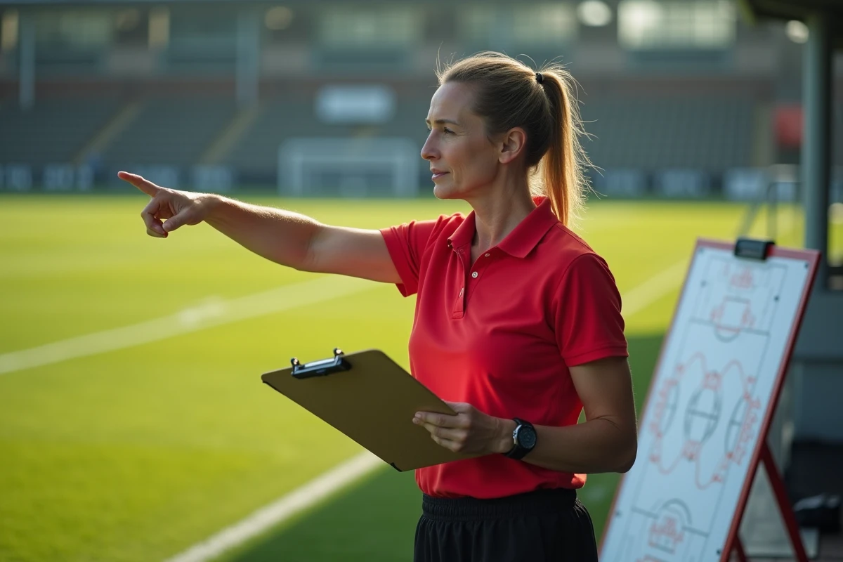 Entraîneuse de football donnant des consignes tactiques en bord de terrain, coaching féminin inspiré de Mia Hamm