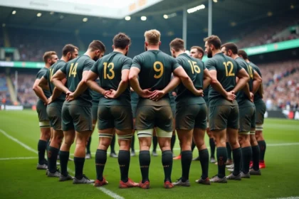 Groupe de joueurs de rugby unis après un match intense