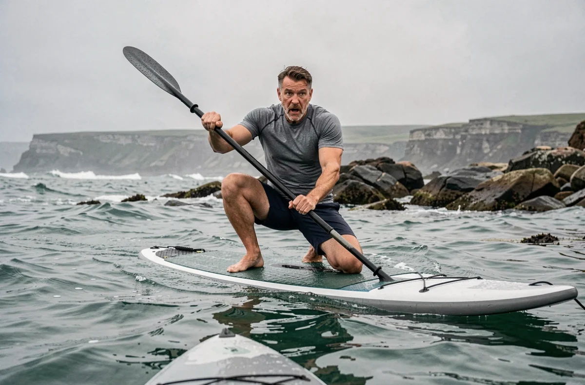 Homme en difficulté sur un paddleboard en mer agitée, tenant incorrectement la pagaie, erreurs classiques du débutant en SUP