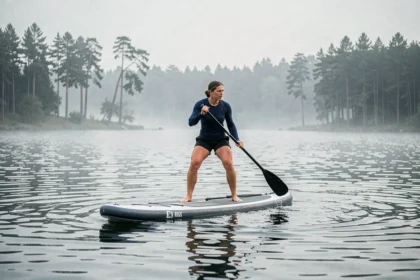 Femme en stand-up paddle adoptant une mauvaise posture sur un lac calme, illustrant les erreurs fréquentes de pratique du SUP