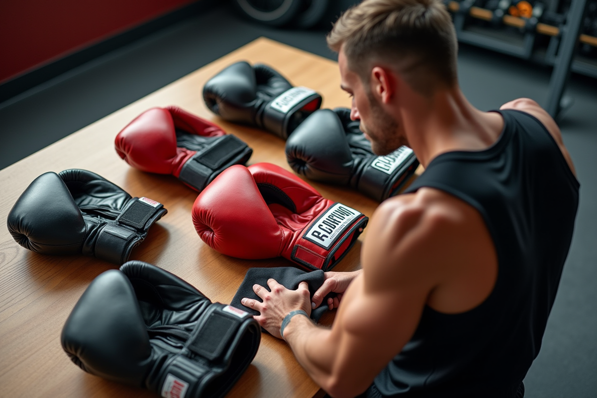 Athlete examinant plusieurs paires de gants de boxe sur une table