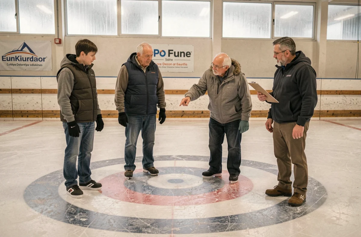 Groupe de débutants en curling écoutant un entraîneur expliquer les règles du jeu autour de la maison sur la glace