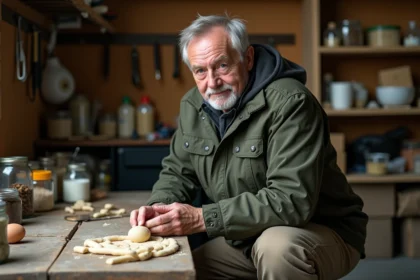 Pêcheur artisan roulant des bouillettes carpe maison dans un atelier garage avec ingrédients bon marché