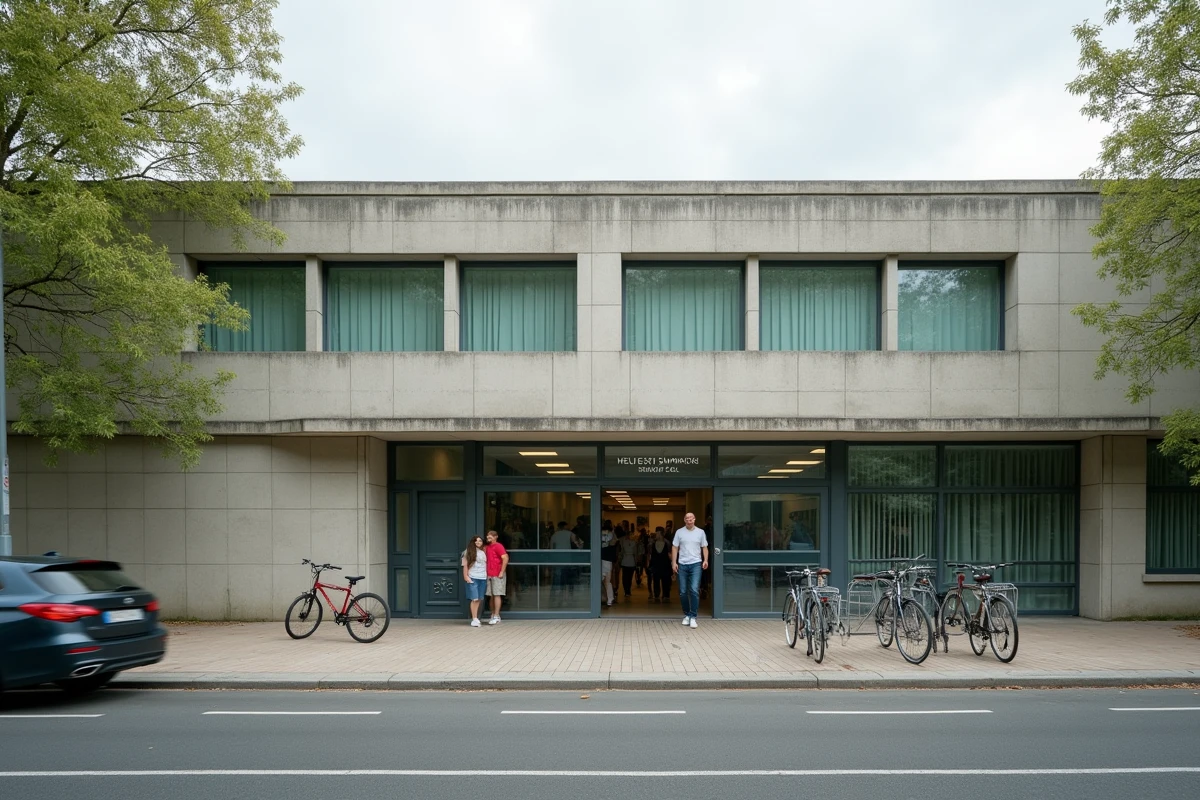 Façade extérieure de la piscine Jules Vernes à Nantes avec entrée principale et environnement urbain