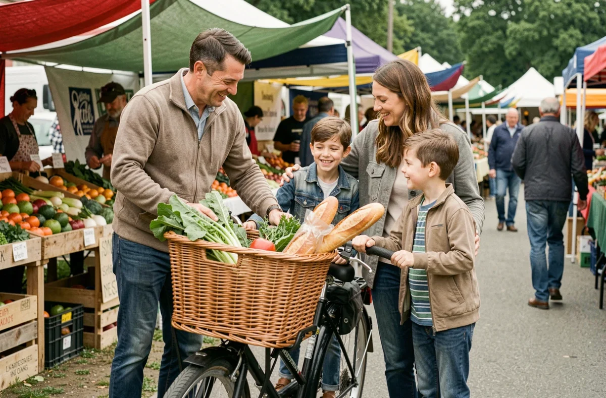 Famille chargeant un panier vélo réglable de courses au marché en plein air