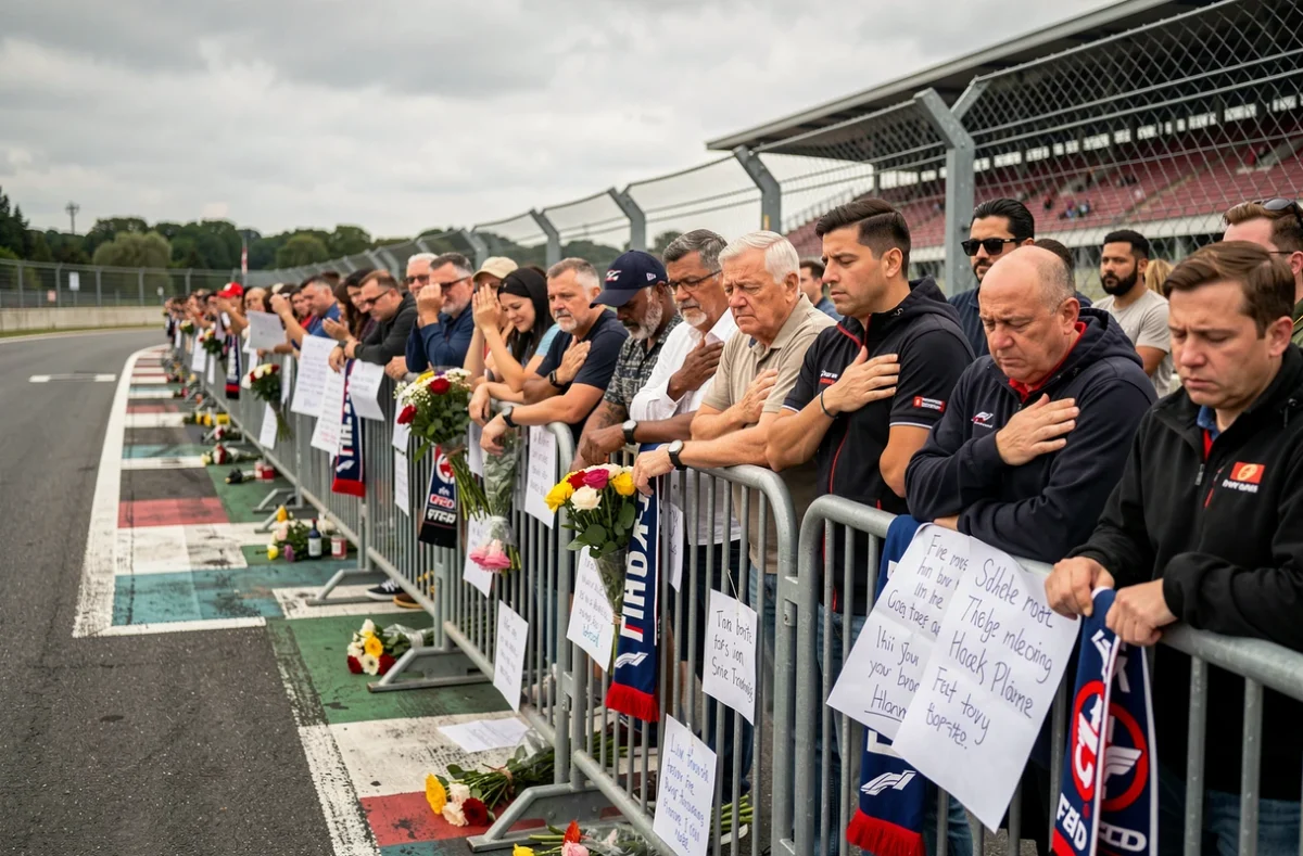 Fans de Formule 1 déposant des hommages fleuris contre les barrières d'un circuit en signe de deuil collectif