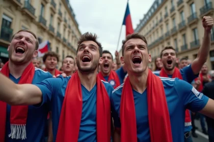 Groupe de supporters français de football dans la rue
