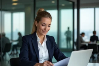 Femme d'affaires examinant un contrat de sponsoring pour optimiser les déductions fiscales de son entreprise