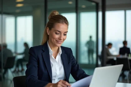 Femme d'affaires examinant un contrat de sponsoring pour optimiser les déductions fiscales de son entreprise