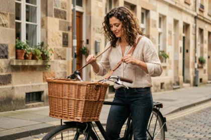 Femme ajustant un panier vélo réglable en osier sur un vélo de ville dans une rue pavée