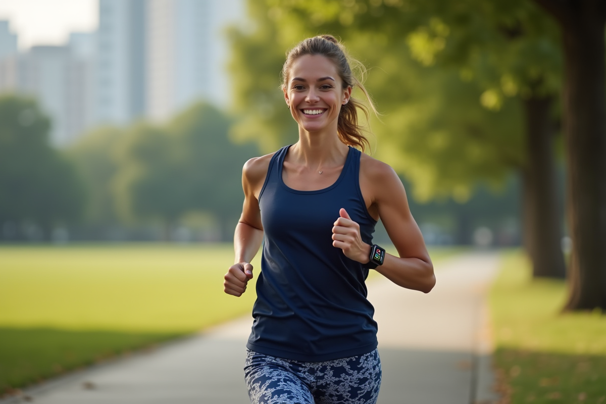 Femme sportive souriante courant dans un parc urbain