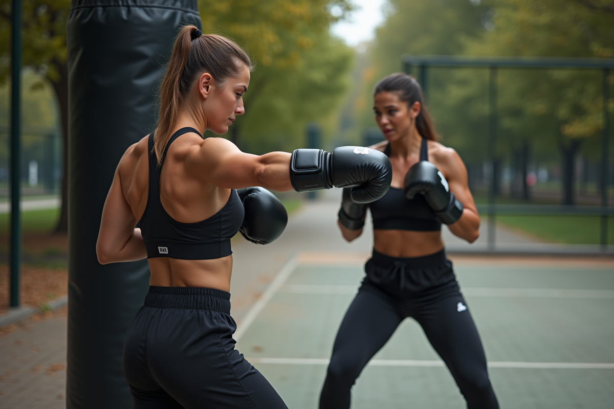 Femme en entraînement de boxe dans un parc urbain