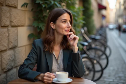 Femme souriante assise dans un café européen en plein air