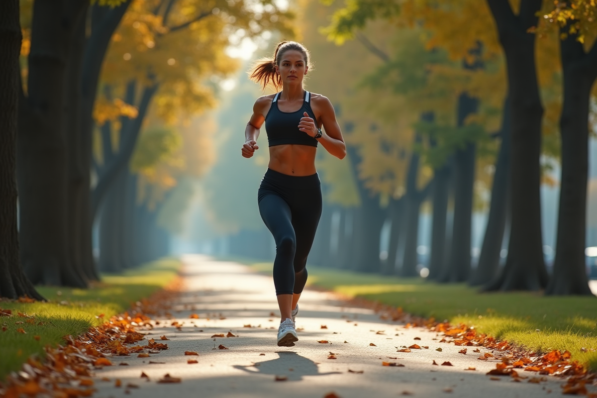 Jeune femme en course dans un parc urbain en automne