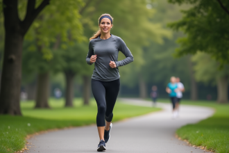 Femme sportive courant dans un parc urbain en pleine nature