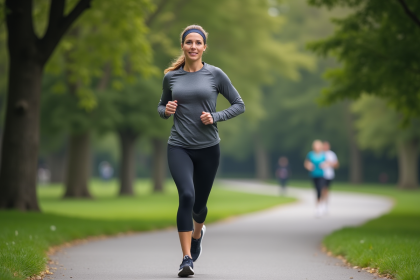 Femme sportive courant dans un parc urbain en pleine nature