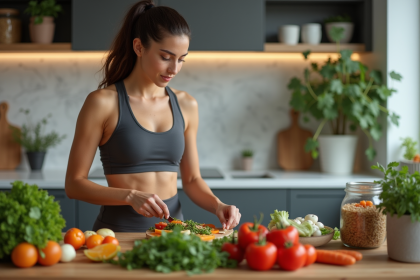 Jeune femme en tenue de sport préparant un repas végétarien dans la cuisine