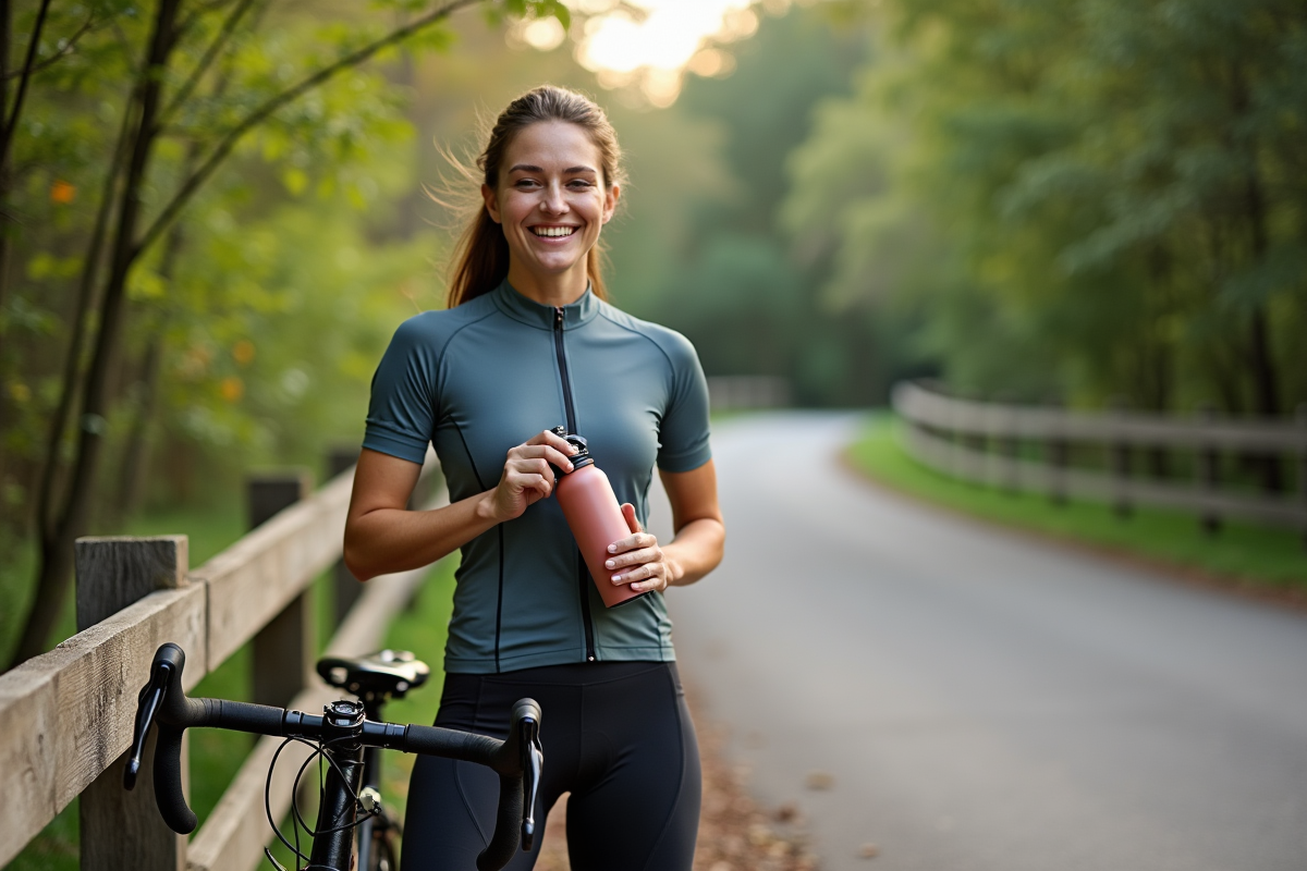 Femme cycliste souriante avec bouteille dans un parc