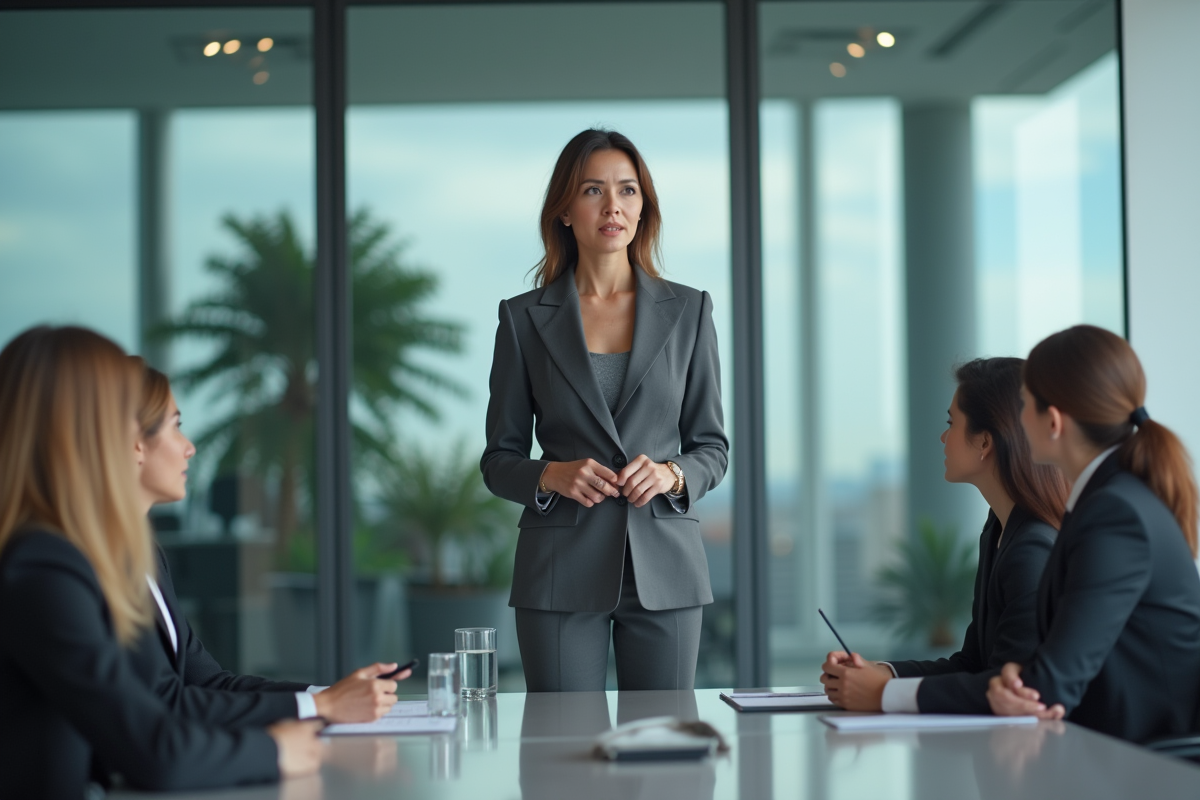Femme dirigeante présentant un rapport financier en réunion
