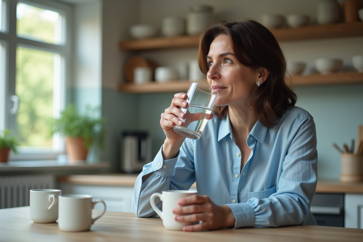 Femme buvant de l'eau végétale dans une cuisine chaleureuse