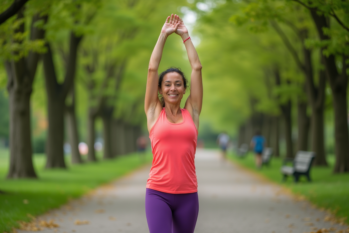 Femme active en pleine étirement dans un parc vert