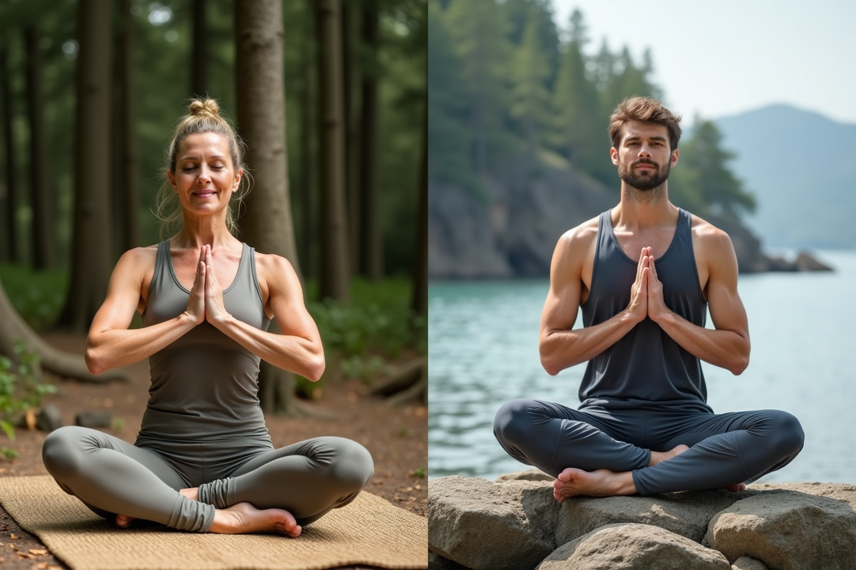 Femme en forêt et homme sur la côte en yoga en extérieur