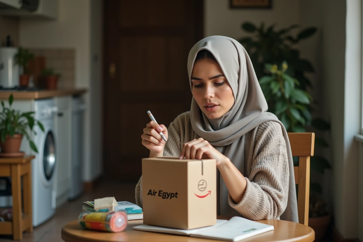 Femme regardant un sac de livraison dans son appartement