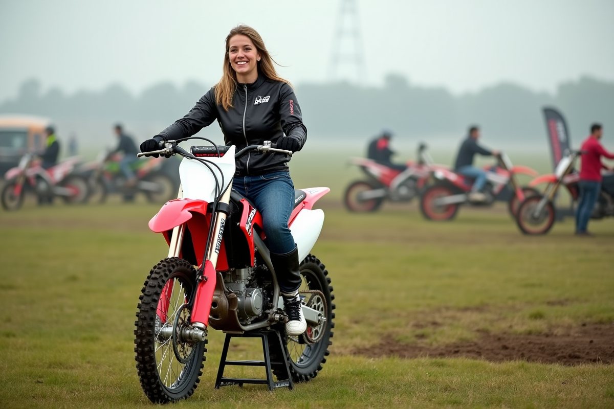 Femme souriante soulevant sa moto dans un paddock
