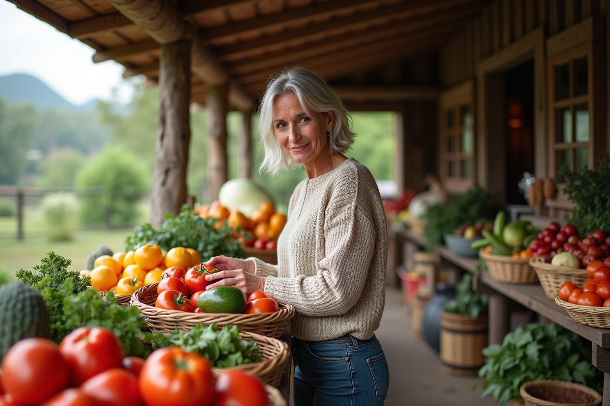 Femme inspectant des légumes frais au marché en plein air