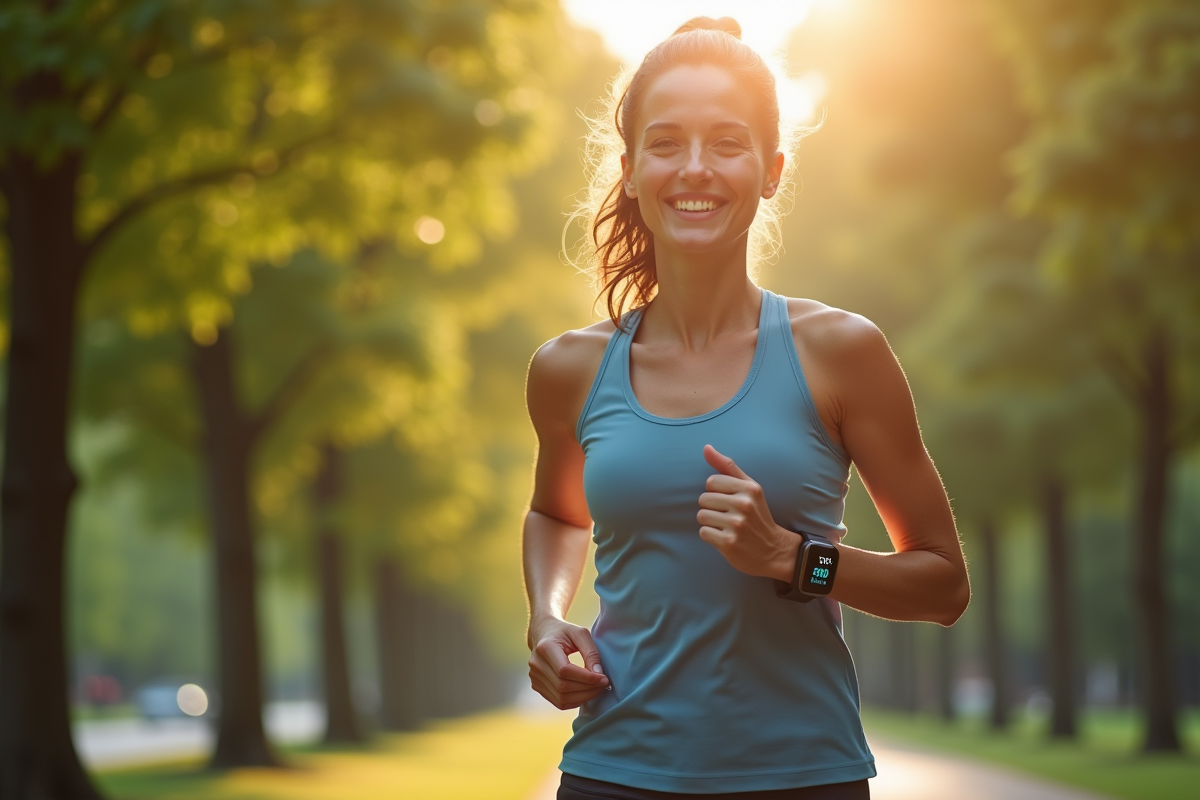 Femme en tenue de sport marche dans un parc urbain ensoleille avec tracker