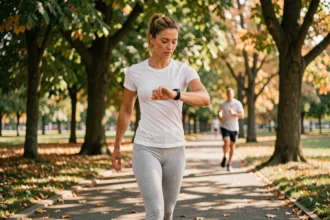 Femme marchant rapidement dans un parc urbain tout en consultant sa montre connectée pour suivre ses pas et calories