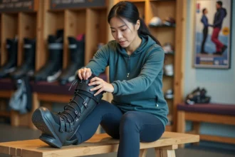 Femme aux mollets larges essayant une chaussure de ski adaptée dans un magasin de location, assise sur un banc en bois