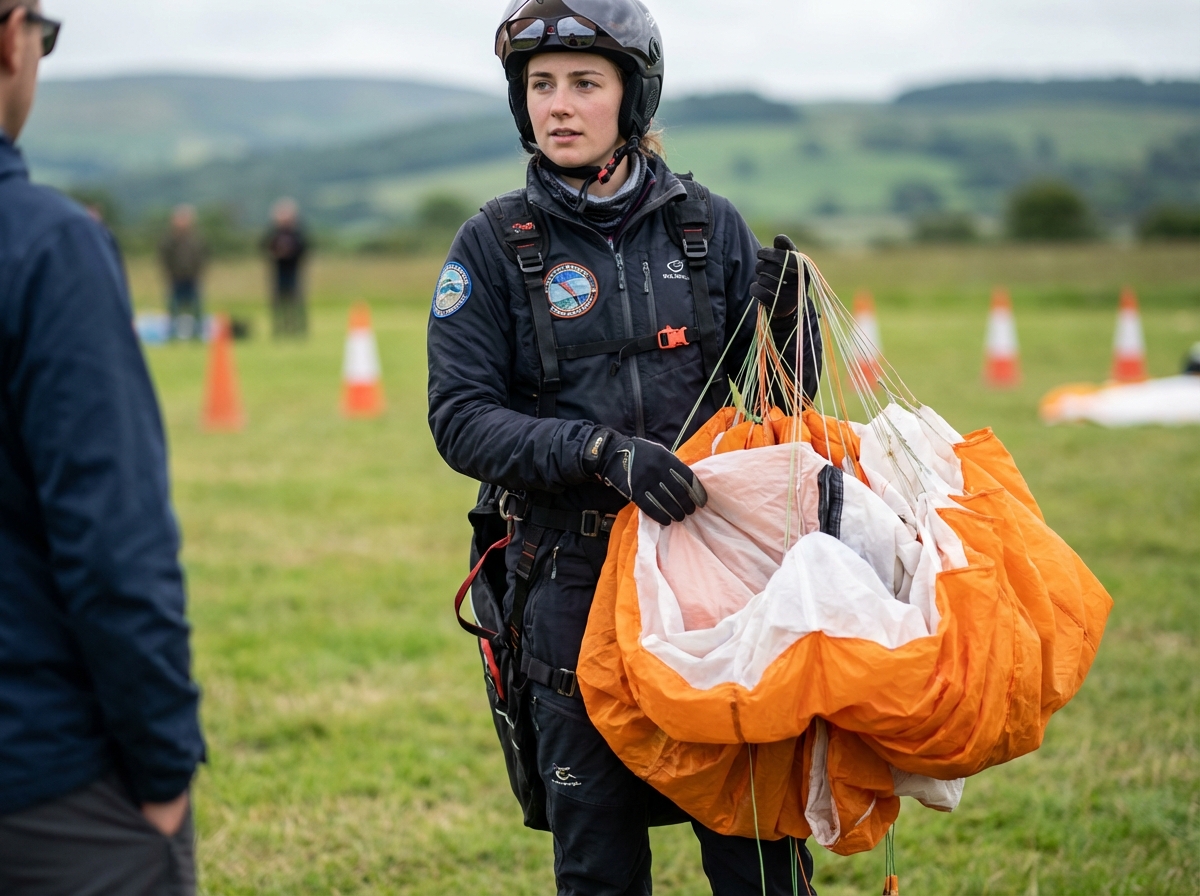 Femme en tenue de parapente montrant son parachute