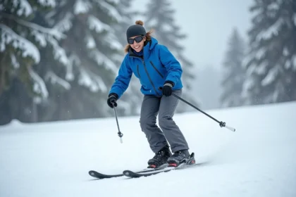 Femme adulte sur une patinette ski sur une piste de montagne enneigée, vêtue d'une veste de ski bleue et d'un pantalon gris
