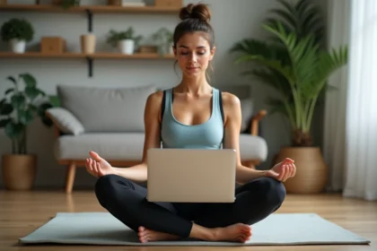 Femme faisant du Pilates chez elle sur un tapis